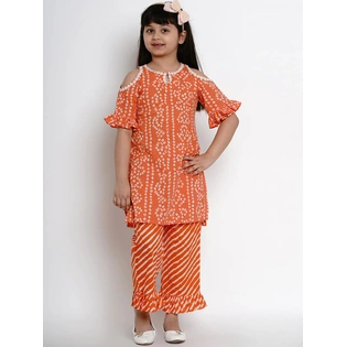 Bitiya by Bhama Girls Orange & White Dyed Kurta with Palazzos