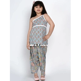 Bitiya by Bhama Girls Grey & Pink Floral Printed Kurti with Patiala