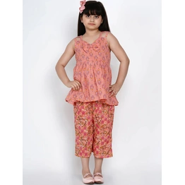 Bitiya by Bhama Girls Peach-Coloured Printed Kurti with Palazzos