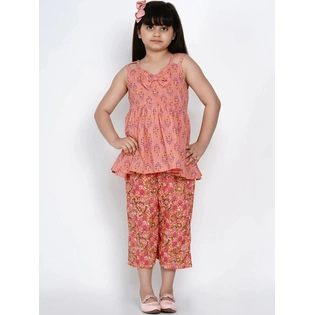 Bitiya by Bhama Girls Peach-Coloured Printed Kurti with Palazzos