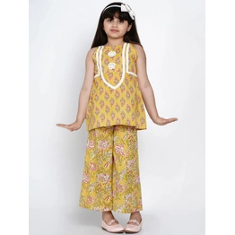 Bitiya by Bhama Girls Yellow & Pink Embroidered Floral Printed Kurti with Palazzos