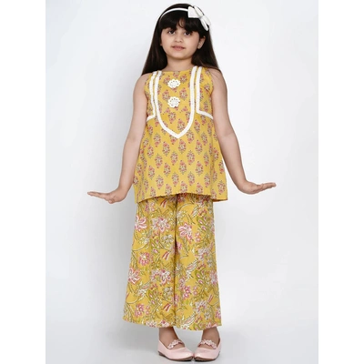 Bitiya by Bhama Girls Yellow & Pink Embroidered Floral Printed Kurti with Palazzos