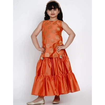 Bitiya by Bhama Girls Orange Embroidered Kurti with Sharara & Dupatta