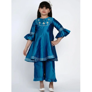 Bitiya by Bhama Girls Blue Embroidered Kurta with Palazzos