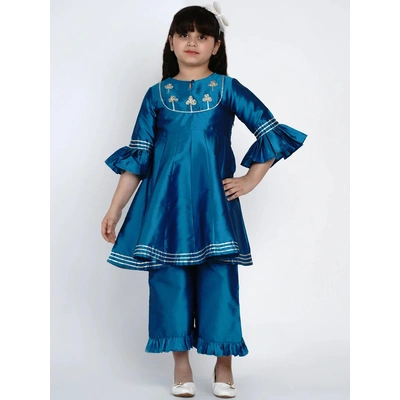 Bitiya by Bhama Girls Blue Embroidered Kurta with Palazzos