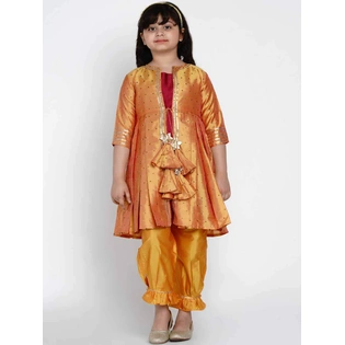 Bitiya by Bhama Girls Maroon & Mustard Yellow Solid Kurti with Trousers & Jacket