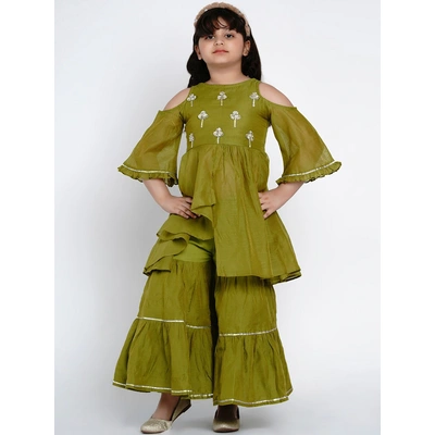 Bitiya by Bhama Girls Green Embroidered Kurti with Sharara