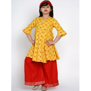 Bitiya by Bhama Girls Yellow & Red Printed Kurta with Palazzos