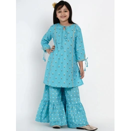 Bitiya by Bhama Girls Blue & White Printed Kurta with Sharara