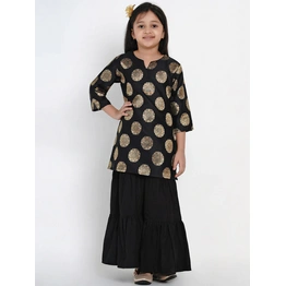 Bitiya by Bhama Girls Black & Gold-Toned Woven Design Kurta with Sharara