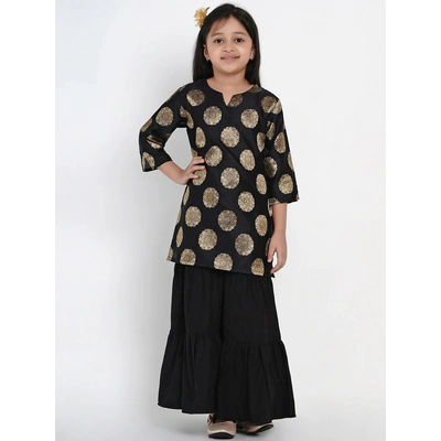 Bitiya by Bhama Girls Black & Gold-Toned Woven Design Kurta with Sharara