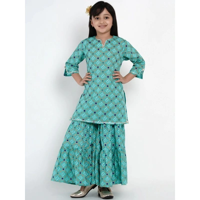 Bitiya by Bhama Girls Green & Blue Printed Kurti with Palazzos