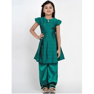 Bitiya by Bhama Girls Green & Gold-Toned Woven Design Kurti with Salwar