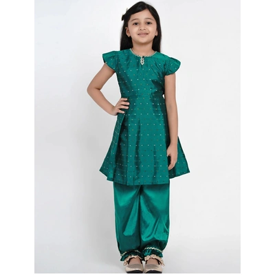 Bitiya by Bhama Girls Green & Gold-Toned Woven Design Kurti with Salwar