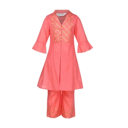 Bitiya by Bhama Girls Peach-Coloured Solid A-Line Kurta with Pyjamas