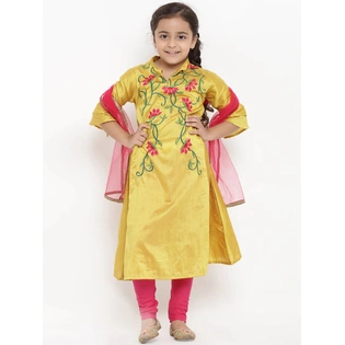 Bitiya by Bhama Girls Mustard & Pink Embroidered Kurta with Churidar & Dupatta