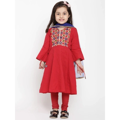 Bitiya by Bhama Girls Red & Blue Embroidered Kurti with Churidar & Dupatta