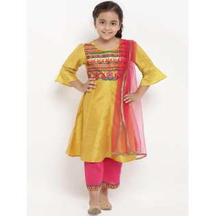 Bitiya by Bhama Girls Mustard Yellow & Pink Embroidered Kurta with Pyjamas & Dupatta