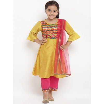 Bitiya by Bhama Girls Mustard Yellow & Pink Embroidered Kurta with Pyjamas & Dupatta