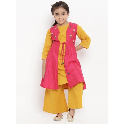 Bitiya by Bhama Girls Mustard Yellow & Pink Embroidered Kurti with Palazzos