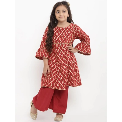 Bitiya by Bhama Girls Maroon Printed Kurta with Palazzos