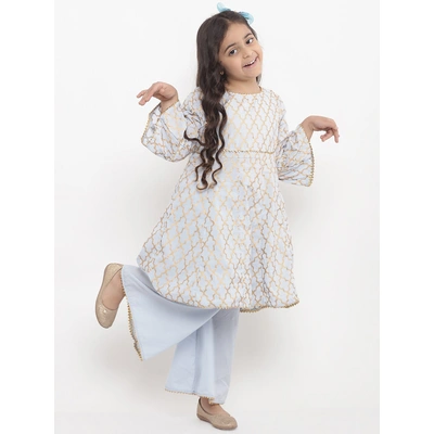 Bitiya by Bhama Girls Turquoise Blue Printed Kurta with Palazzos