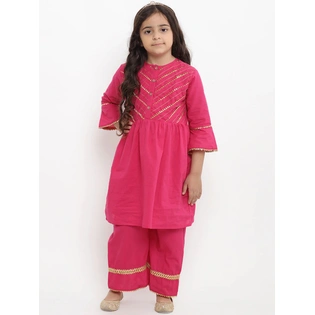 Bitiya by Bhama Girls Pink Self Design Kurta with Palazzos