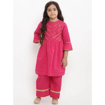 Bitiya by Bhama Girls Pink Self Design Kurta with Palazzos