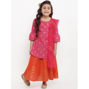 Bitiya by Bhama Girls Pink & Printed Kurta with Skirt & Dupatta