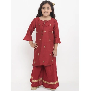 Bitiya by Bhama Girls Maroon Embroidered Kurti with Palazzos