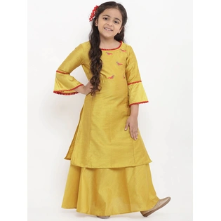 Bitiya by Bhama Girls Yellow Embroidered Kurti with Skirt