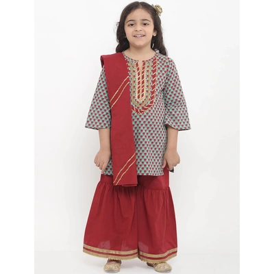 Bitiya by Bhama Girls Green & Printed Kurta with Palazzos & Dupatta