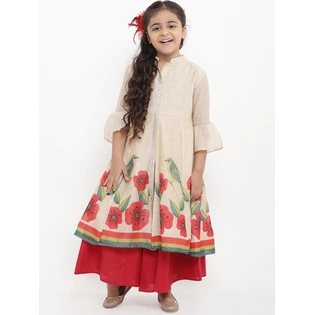 Bitiya by Bhama Girls Beige Printed Kurti with Palazzos