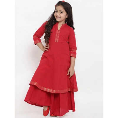 Bitiya by Bhama Girls Red Self Design Kurta with Palazzos