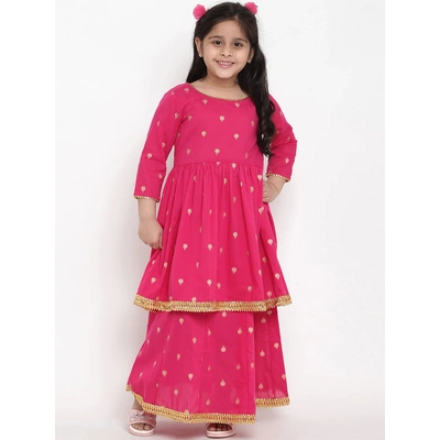 Bitiya by Bhama Girls Pink & Gold-Coloured Printed Kurta with Skirt