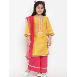 Bitiya by Bhama Girls Yellow & Pink Solid Kurta with Palazzos & Dupatta