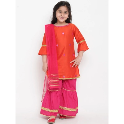 Bitiya by Bhama Girls Orange & Pink Embroidered Kurta with Palazzos & Dupatta