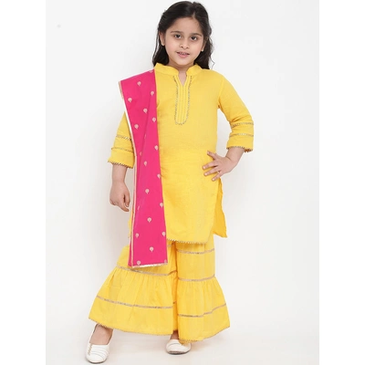 Bitiya by Bhama Girls Yellow & Pink Solid Kurti with Palazzos & Dupatta