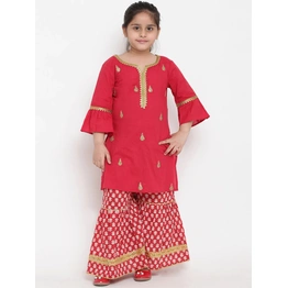 Bitiya by Bhama Girls Red Embroidered Kurta with Palazzos