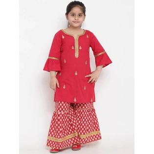 Bitiya by Bhama Girls Red Embroidered Kurta with Palazzos