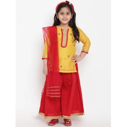 Bitiya by Bhama Girls Yellow & Red Embroidered Kurta with Palazzos & Dupatta