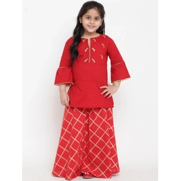 Bitiya by Bhama Girls Red & Gold-Toned Embroidered Kurta with Skirt