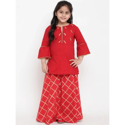 Bitiya by Bhama Girls Red & Gold-Toned Embroidered Kurta with Skirt