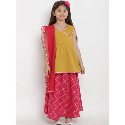 Bitiya by Bhama Girls Mustard Yellow & Red Solid Kurta with Skirt & Dupatta