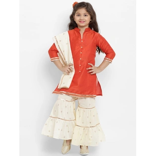 Bitiya by Bhama Girls Orange & Beige Solid Kurta with Palazzos & Dupatta