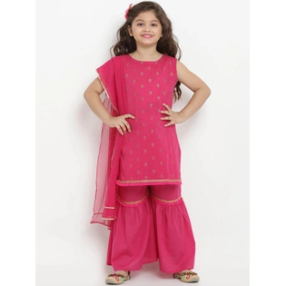 Bitiya by Bhama Girls Fuchsia Printed Kurta with Sharara & Dupatta