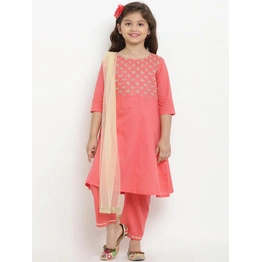 Bitiya by Bhama Girls Peach-Coloured Embroidered Kurta with Trousers & Dupatta