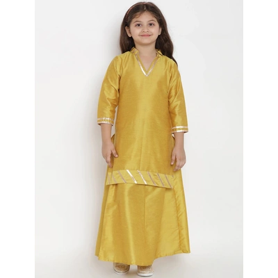 Bitiya by Bhama Girls Mustard Yellow Solid Silk Kurta with Skirt