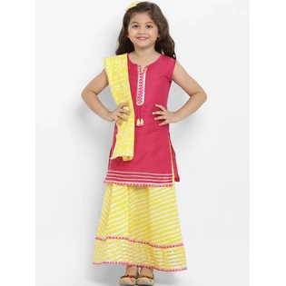 Bitiya by Bhama Girls Pink & Yellow Solid Kurta with Skirt & Dupatta