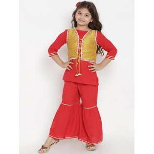 Bitiya by Bhama Girls Red Solid Kurta with Sharara